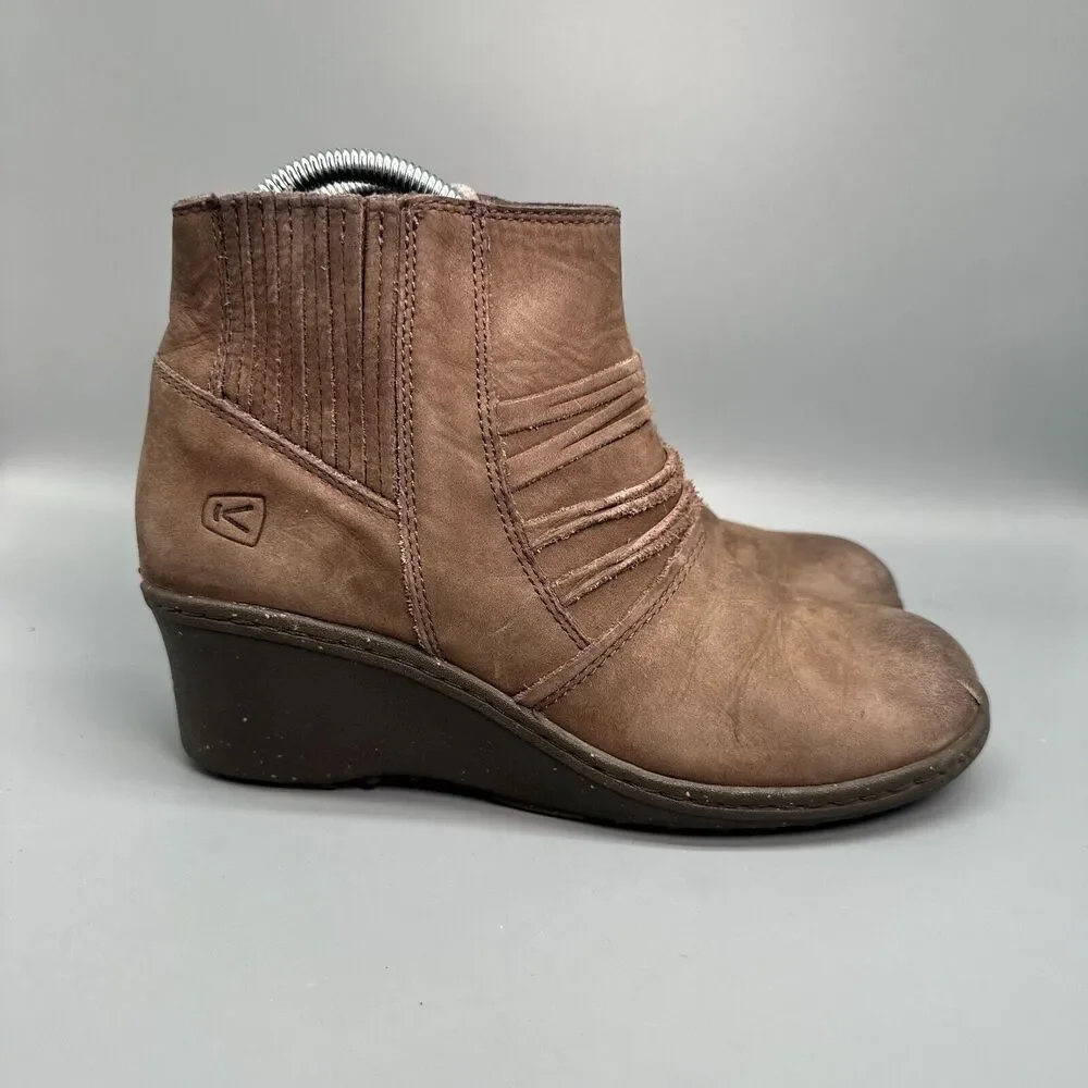 Keen Zurich Women's 9 Brown Leather Ankle Boot Pull On Side Zip Wedge Heel